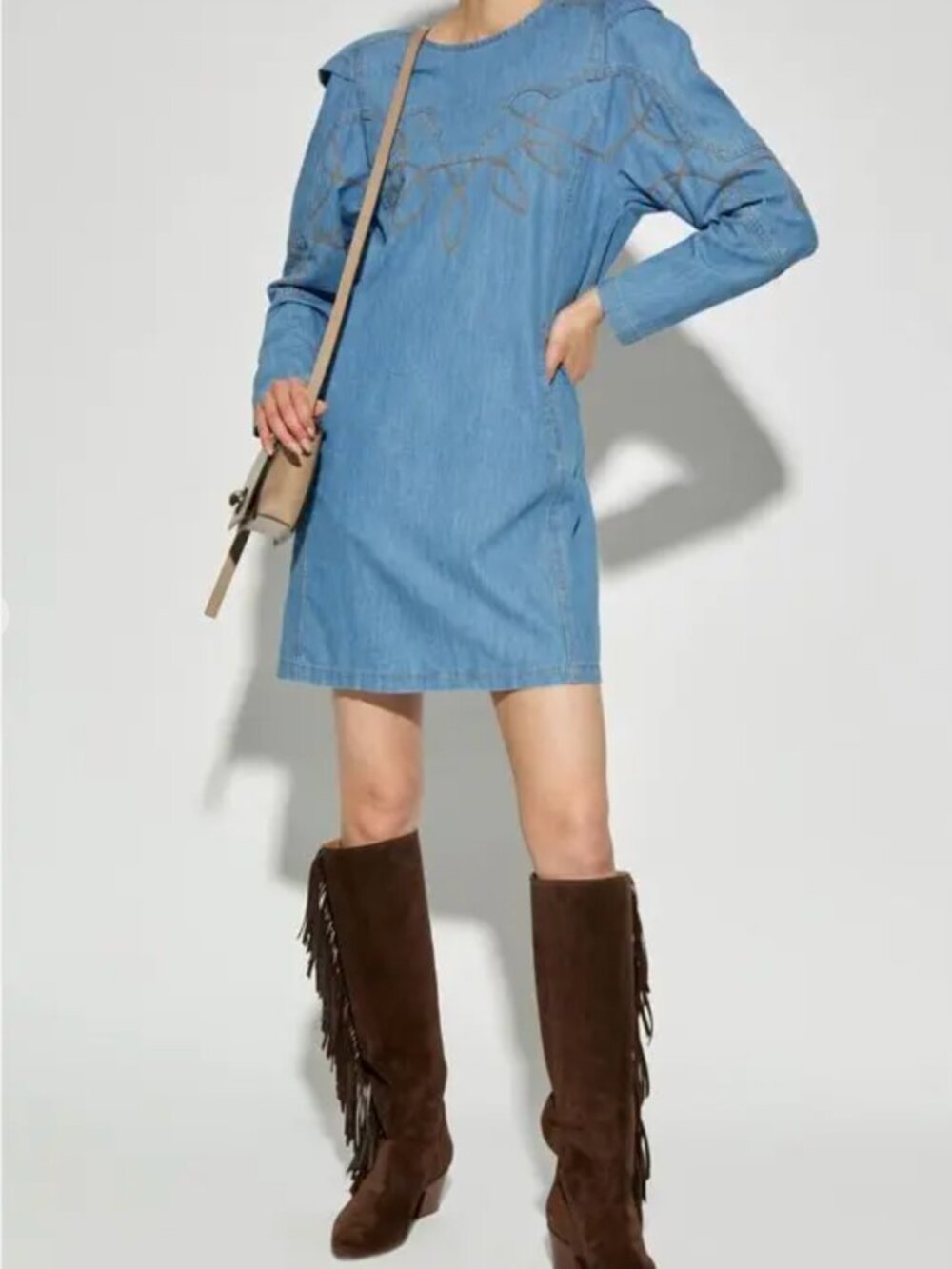 NWT Munthe Tasla Denim Mini Dress w/ Western Stitch Embroidery, Pockets, Size 8